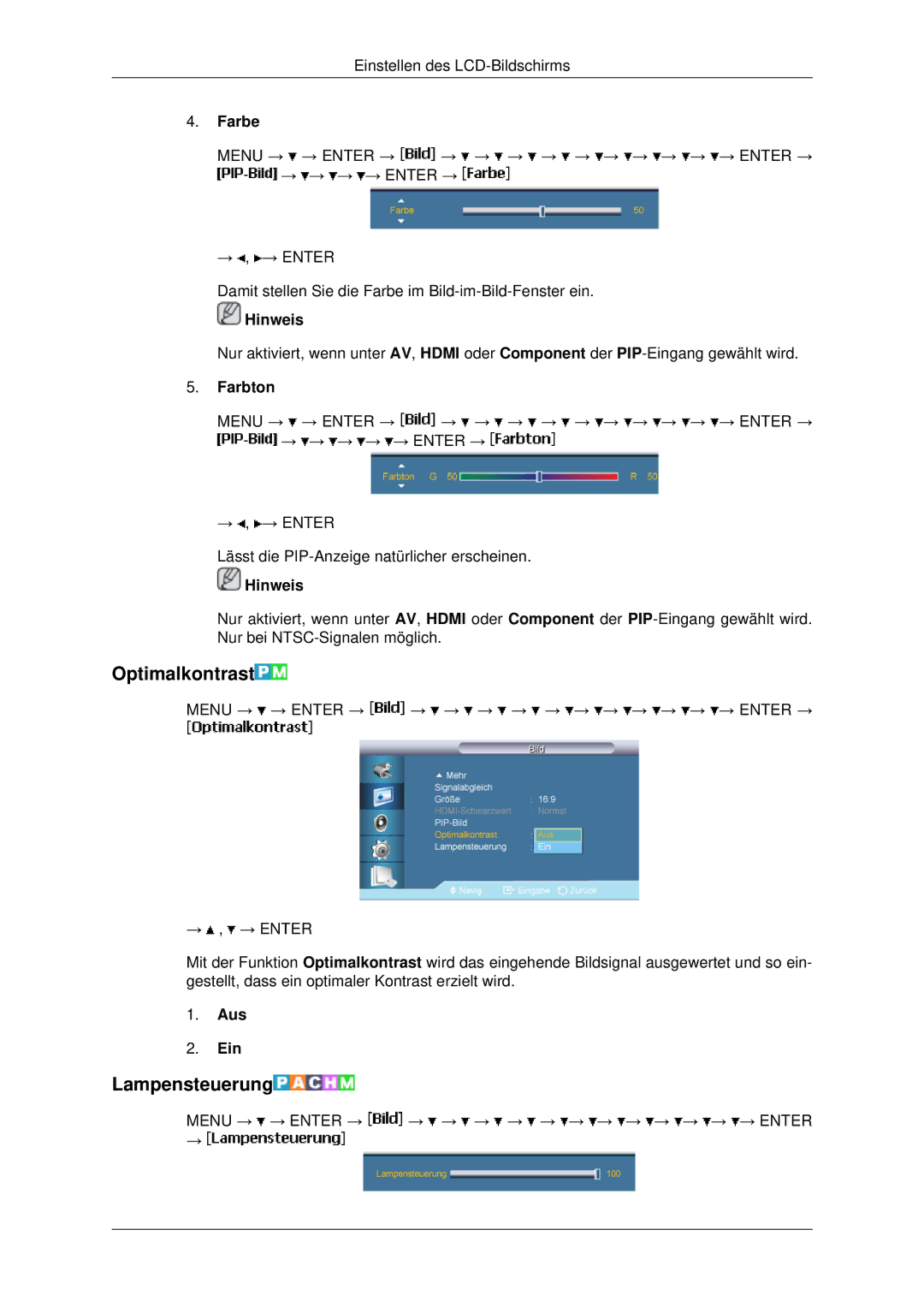 Samsung LH46MSTLBB/EN, LH46MSTABB/EN, LH46MRPLBF/EN, LH40MRTLBC/EN manual Optimalkontrast, Lampensteuerung, Farbe, Farbton 