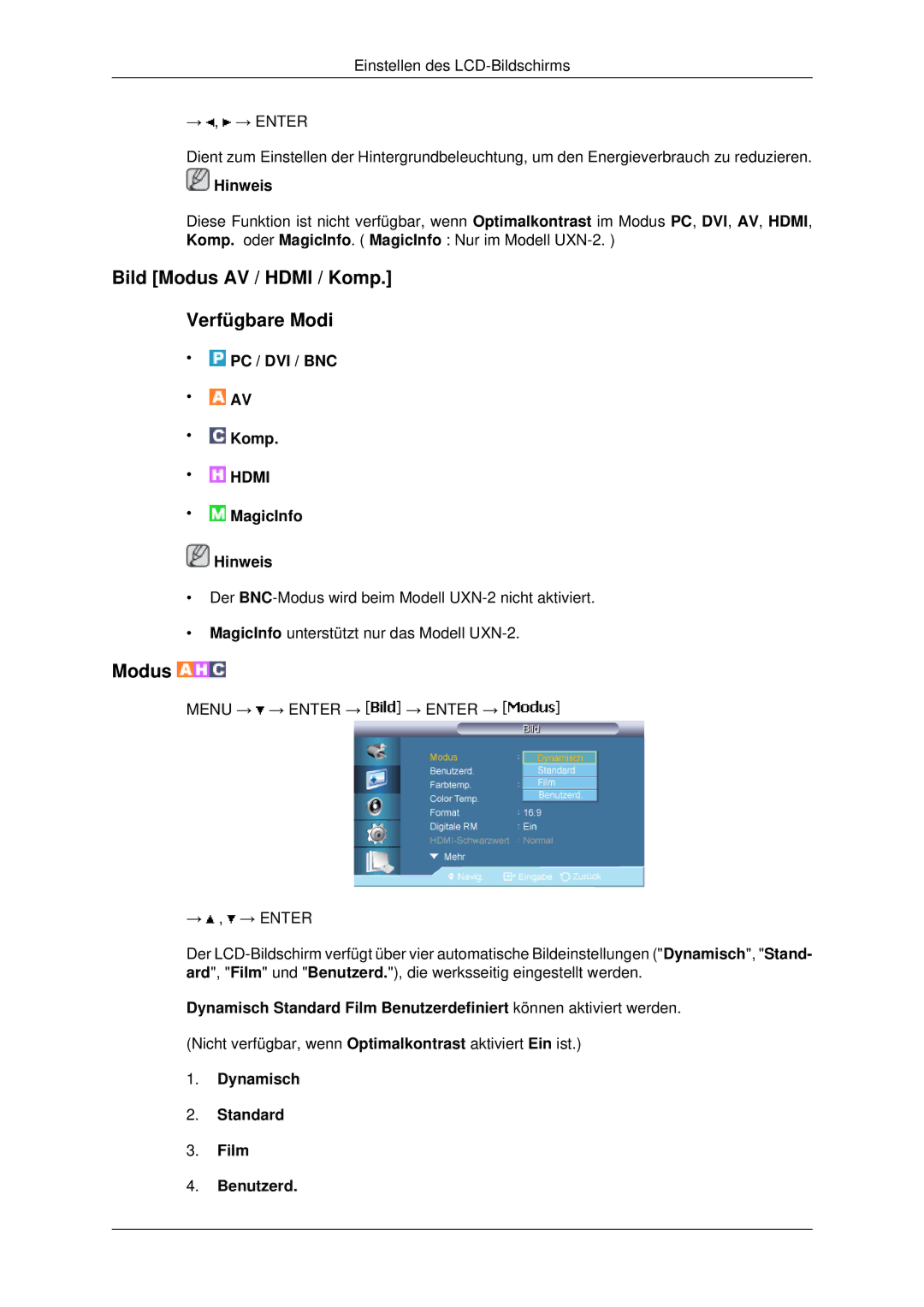 Samsung LH46MSTABB/EN, LH46MRPLBF/EN manual Bild Modus AV / Hdmi / Komp Verfügbare Modi, Dynamisch Standard Film Benutzerd 