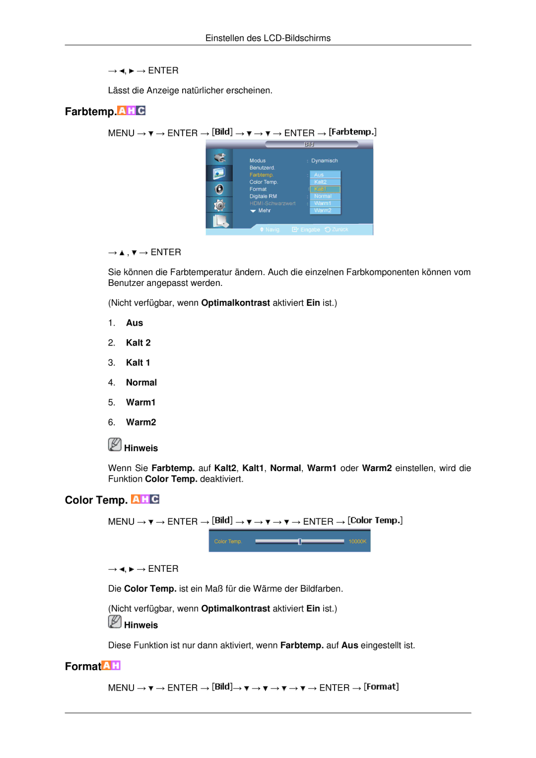 Samsung LH40MRTLBC/EN, LH46MSTABB/EN, LH46MRPLBF/EN, LH40MRPLBF/EN manual Farbtemp, Aus Kalt Normal Warm1 Warm2 Hinweis 