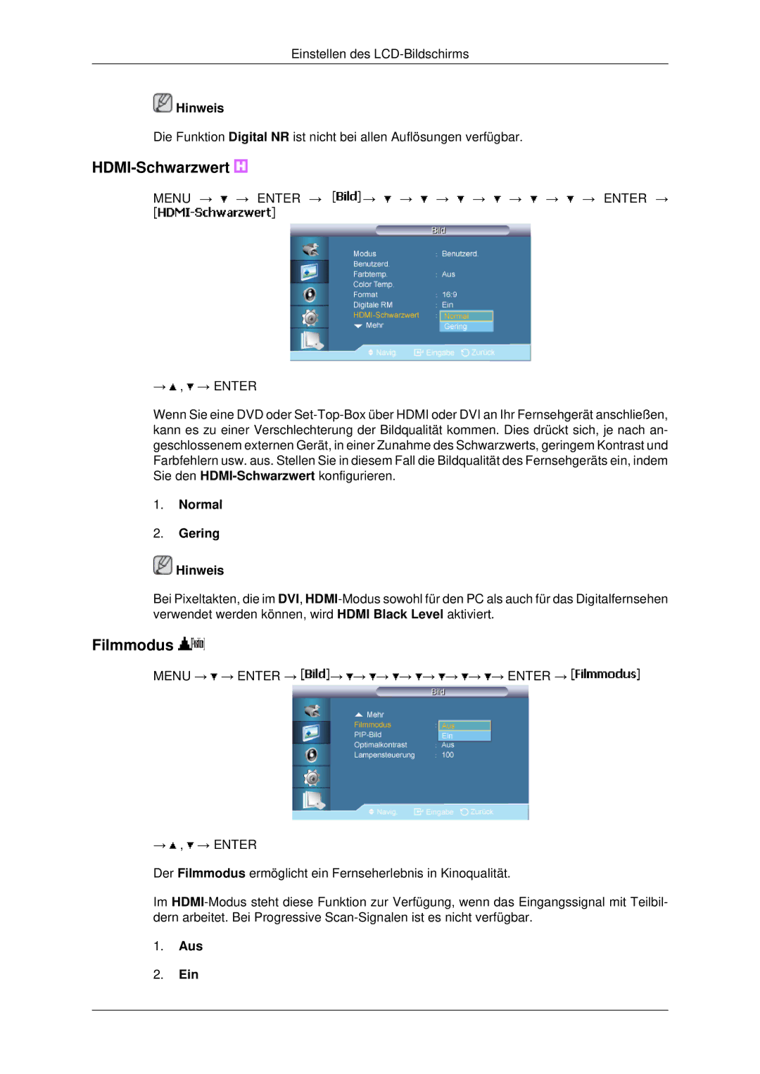 Samsung LH46MRTLBC/EN, LH46MSTABB/EN, LH46MRPLBF/EN, LH40MRTLBC/EN, LH40MRPLBF/EN, LH46MSTLBB/EN HDMI-Schwarzwert, Filmmodus 