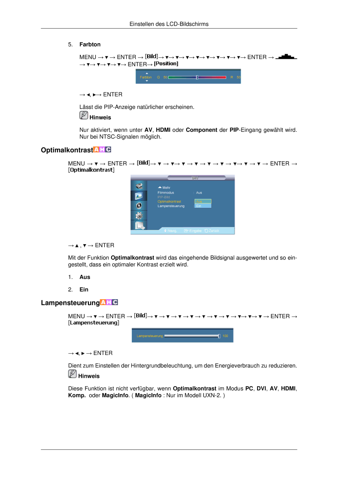 Samsung LH46MSTABB/EN, LH46MRPLBF/EN, LH40MRTLBC/EN, LH40MRPLBF/EN, LH46MRTLBC/EN, LH46MSTLBB/EN manual Optimalkontrast 