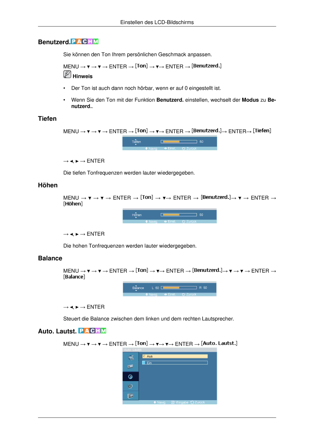 Samsung LH40MRTLBC/EN, LH46MSTABB/EN, LH46MRPLBF/EN, LH40MRPLBF/EN, LH46MRTLBC/EN manual Tiefen, Höhen, Balance, Auto. Lautst 