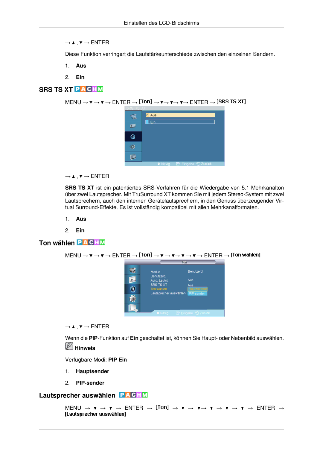 Samsung LH40MRPLBF/EN, LH46MSTABB/EN, LH46MRPLBF/EN manual Ton wählen, Lautsprecher auswählen, Hauptsender PIP-sender 