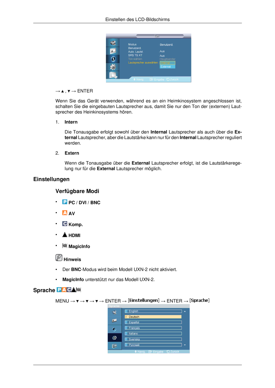 Samsung LH46MRTLBC/EN, LH46MSTABB/EN, LH46MRPLBF/EN, LH40MRTLBC/EN Einstellungen Verfügbare Modi, Sprache, Intern, Extern 