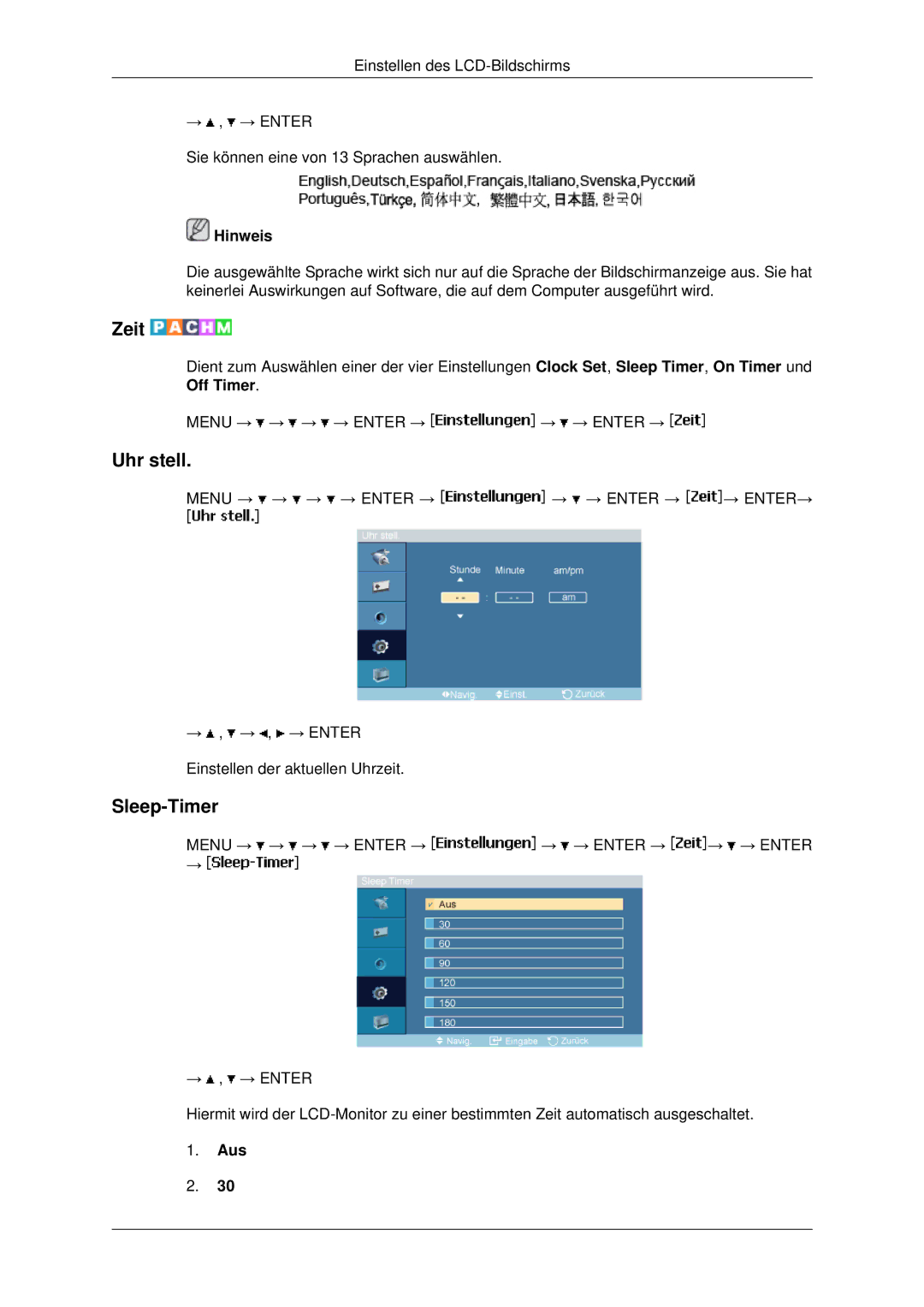 Samsung LH46MSTLBB/EN, LH46MSTABB/EN, LH46MRPLBF/EN, LH40MRTLBC/EN, LH40MRPLBF/EN manual Zeit, Uhr stell, Sleep-Timer, Aus 