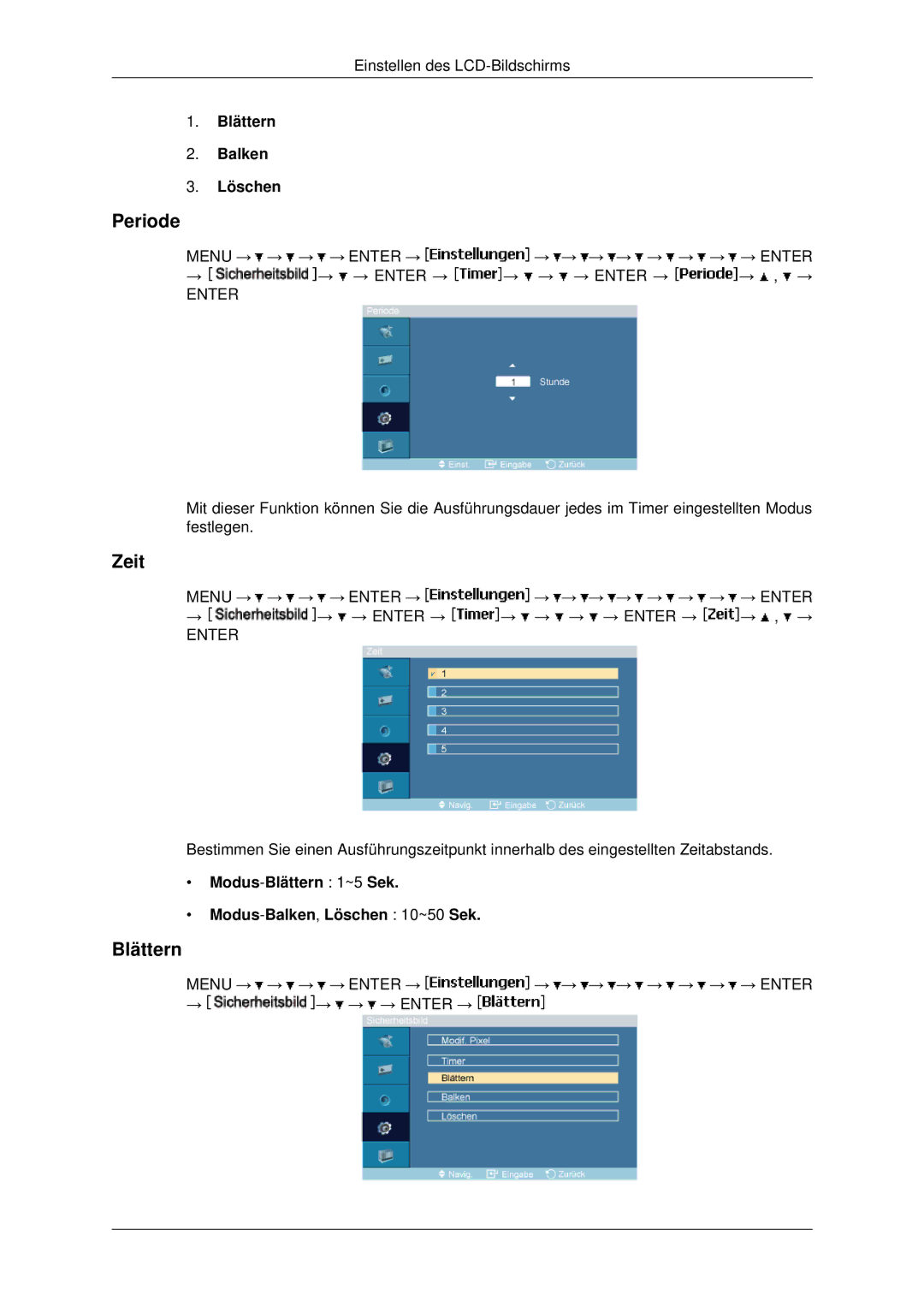 Samsung LH46MRPLBF/EN manual Periode, Blättern Balken Löschen, Modus-Blättern 1~5 Sek Modus-Balken,Löschen 10~50 Sek 