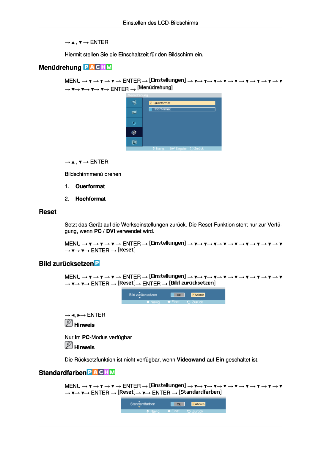 Samsung LH46MRTLBC/EN manual Menüdrehung, Reset, Bild zurücksetzen, Standardfarben, Querformat 2. Hochformat, Hinweis 