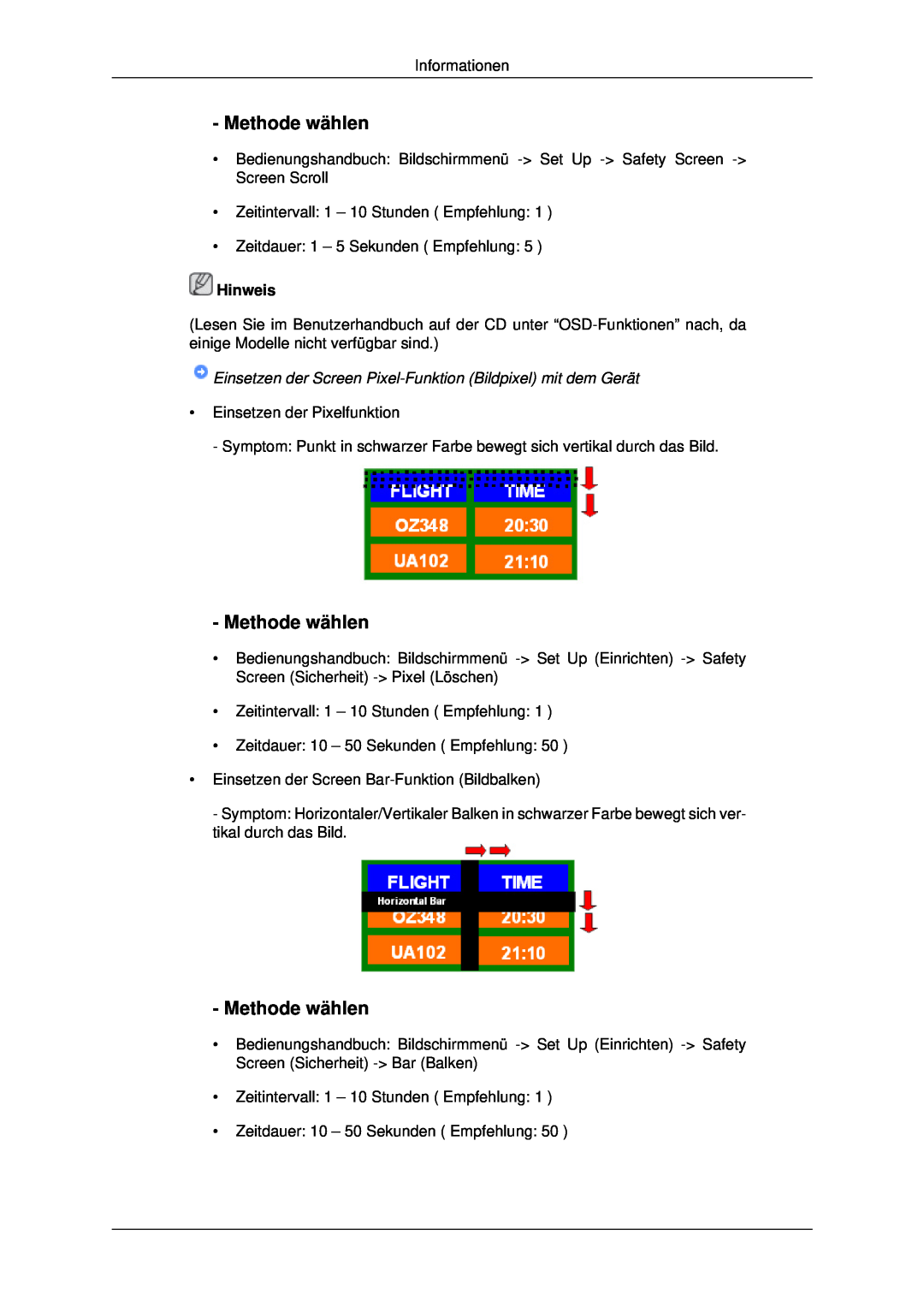 Samsung LH46MSTLBB/EN, LH46MSTABB/EN Methode wählen, Einsetzen der Screen Pixel-Funktion Bildpixel mit dem Gerät, Hinweis 