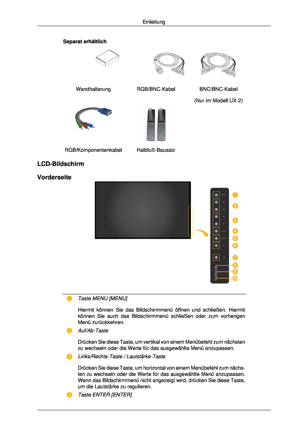 Samsung LH46MSTABB/EN LCD-Bildschirm Vorderseite, Taste MENU MENU, Auf/Ab-Taste, Links/Rechts-Taste / Lautstärke-Taste 