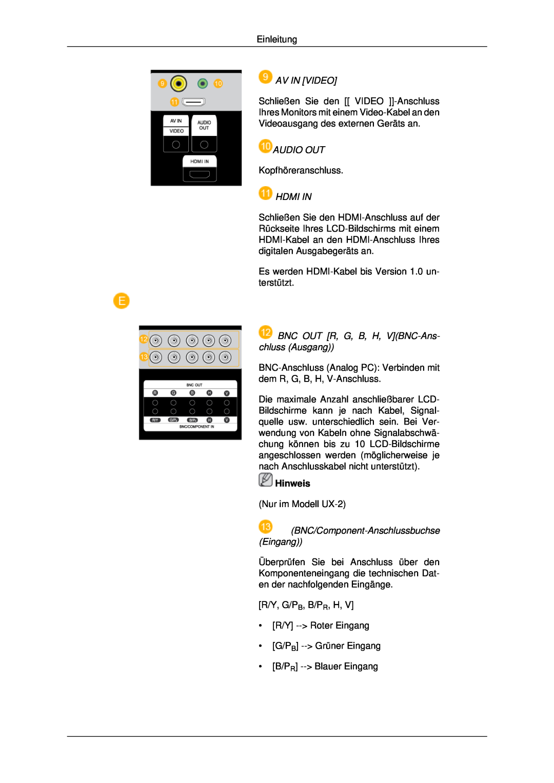 Samsung LH46MRTLBC/EN manual Av In Video, Audio Out, Hdmi In, BNC OUT R, G, B, H, VBNC-Ans- chluss Ausgang, Hinweis 