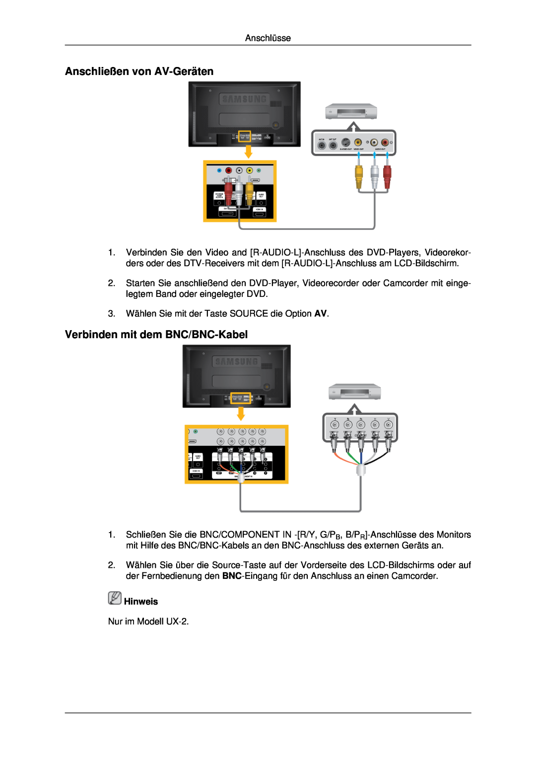 Samsung LH46MSTABB/EN, LH46MRPLBF/EN, LH40MRTLBC/EN Anschließen von AV-Geräten, Verbinden mit dem BNC/BNC-Kabel, Hinweis 