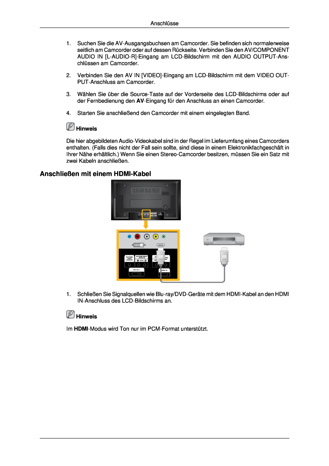 Samsung LH40MRPLBF/EN, LH46MSTABB/EN, LH46MRPLBF/EN, LH40MRTLBC/EN, LH46MRTLBC/EN Anschließen mit einem HDMI-Kabel, Hinweis 
