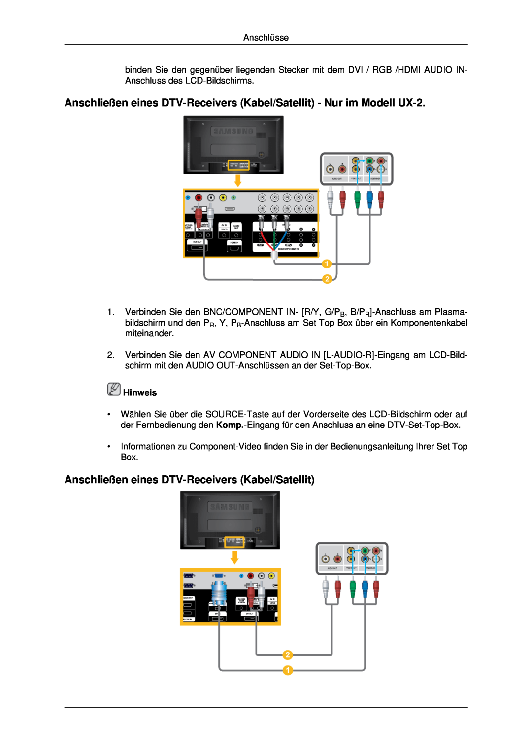Samsung LH46MSTLBB/EN, LH46MSTABB/EN manual Anschließen eines DTV-Receivers Kabel/Satellit - Nur im Modell UX-2, Hinweis 