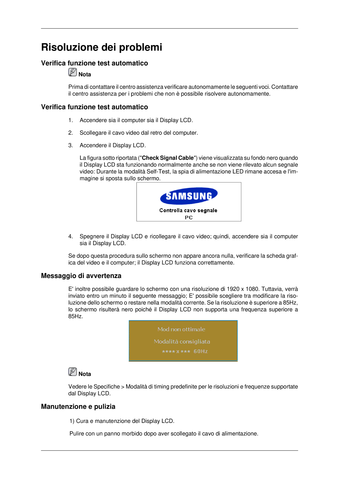 Samsung LH46MSTLBB/EN manual Verifica funzione test automatico, Messaggio di avvertenza, Manutenzione e pulizia 