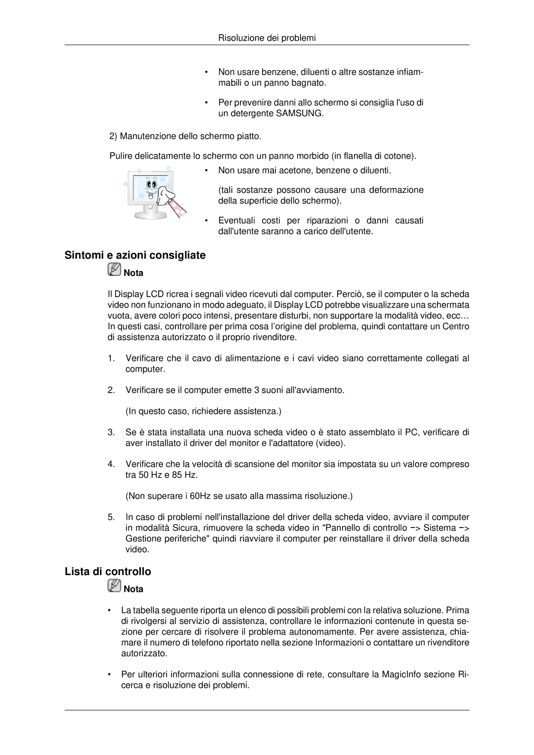 Samsung LH46MSTLBB/EN manual Sintomi e azioni consigliate, Lista di controllo 