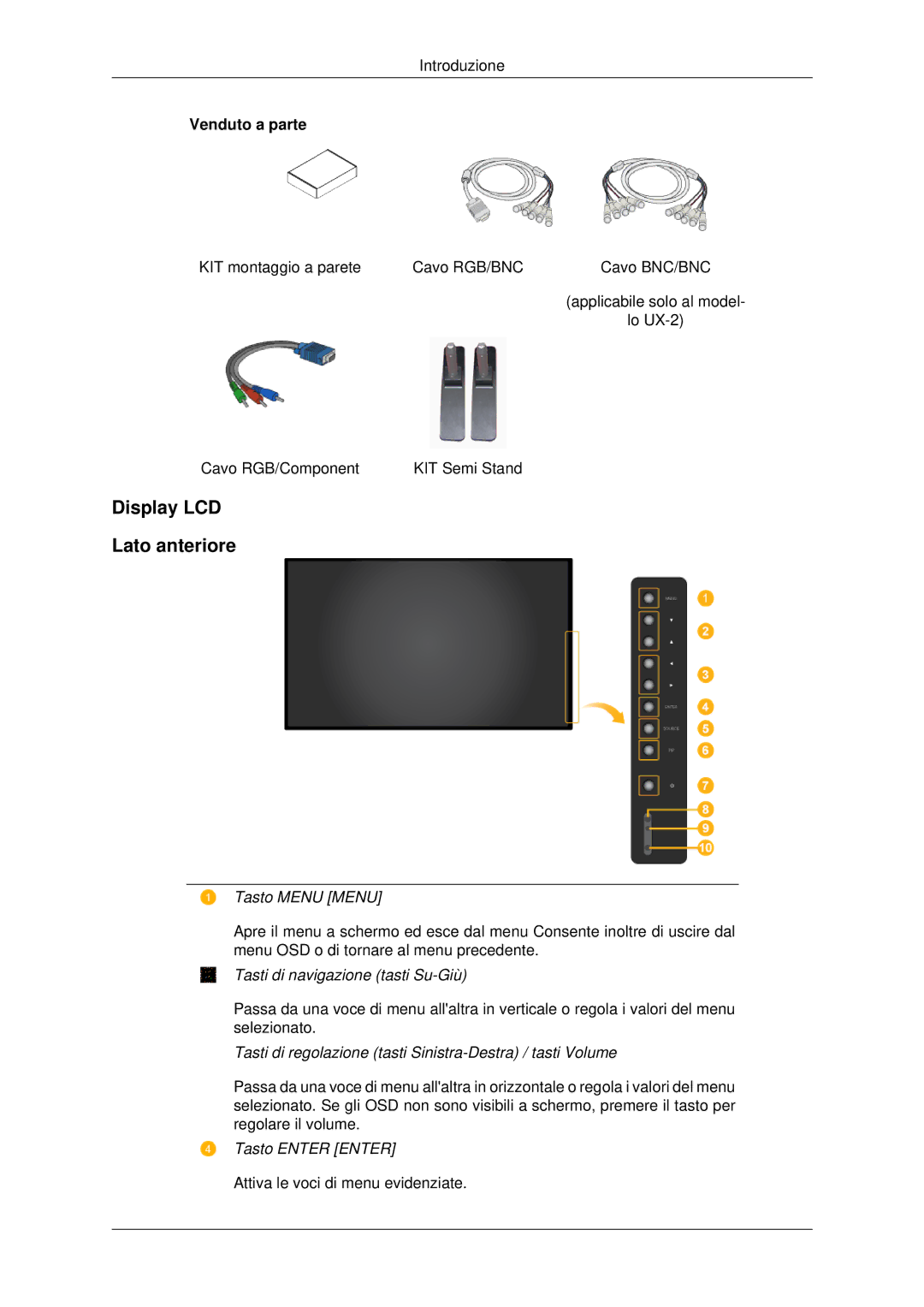 Samsung LH46MSTLBB/EN manual Display LCD Lato anteriore, Tasto Menu Menu 