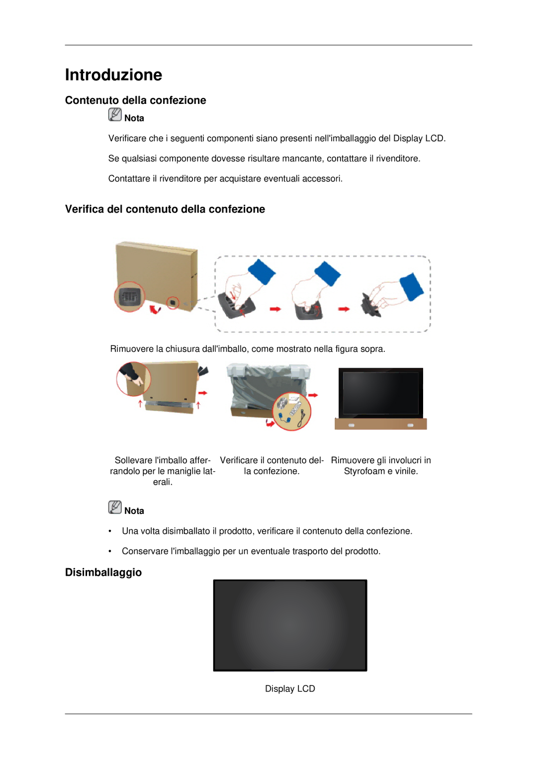 Samsung LH46MSTLBB/EN manual Contenuto della confezione, Verifica del contenuto della confezione, Disimballaggio 