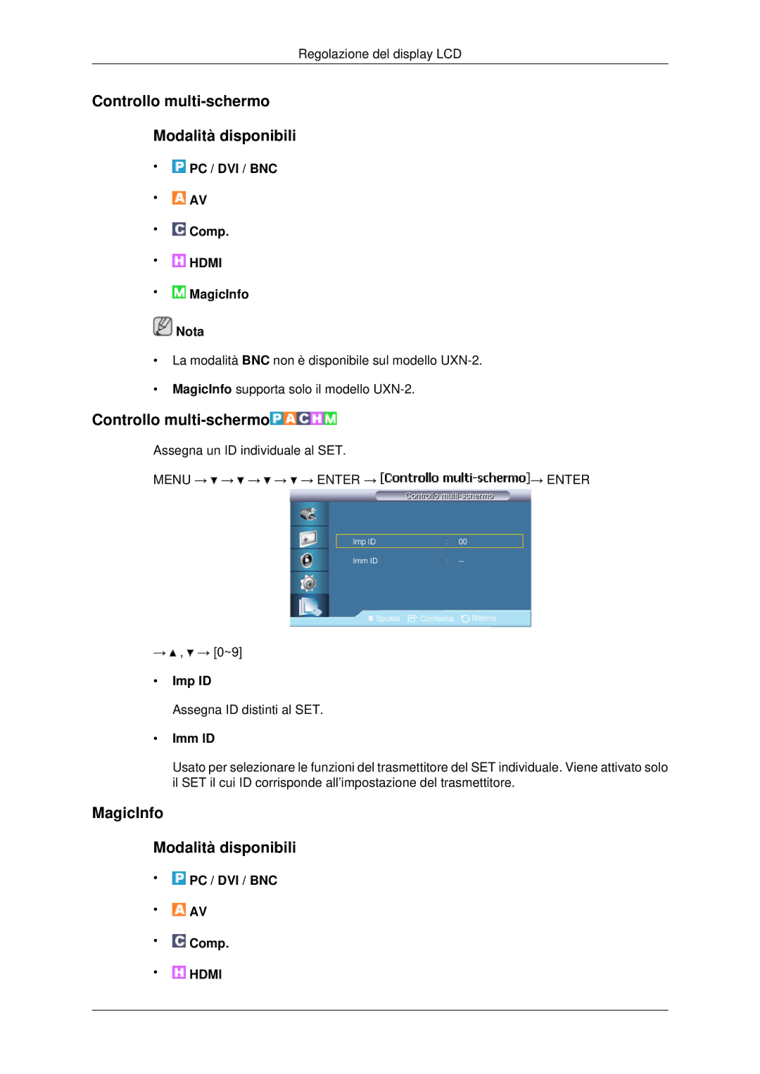 Samsung LH46MSTLBB/EN manual Controllo multi-schermo Modalità disponibili, MagicInfo Modalità disponibili, Imp ID, Imm ID 