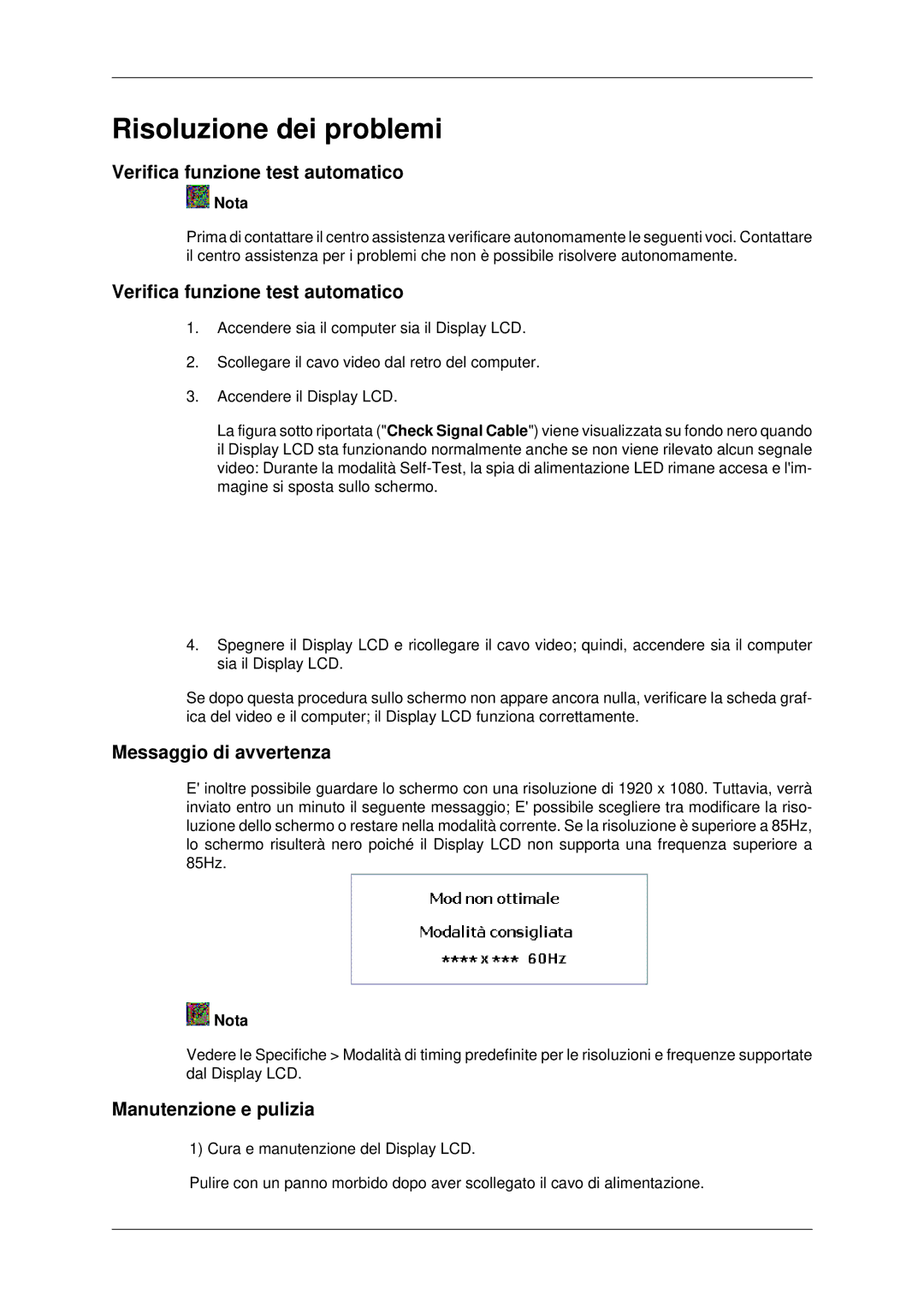 Samsung LH46MSTLBB/EN manual Verifica funzione test automatico, Messaggio di avvertenza, Manutenzione e pulizia 