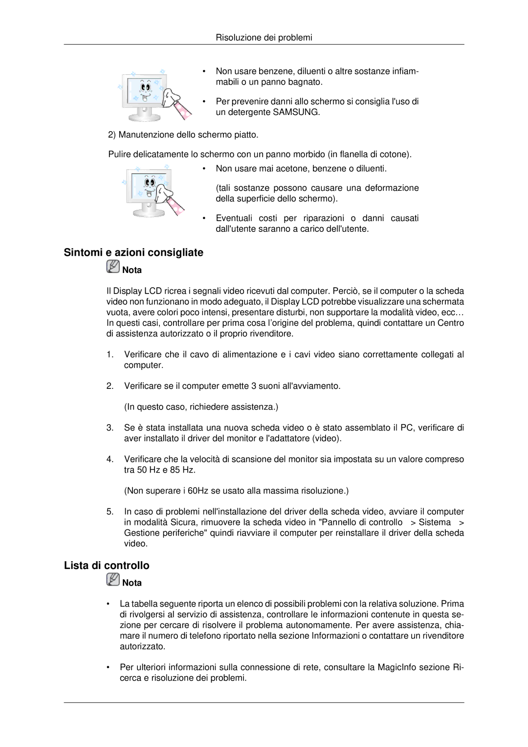 Samsung LH46MSTLBB/EN manual Sintomi e azioni consigliate, Lista di controllo 