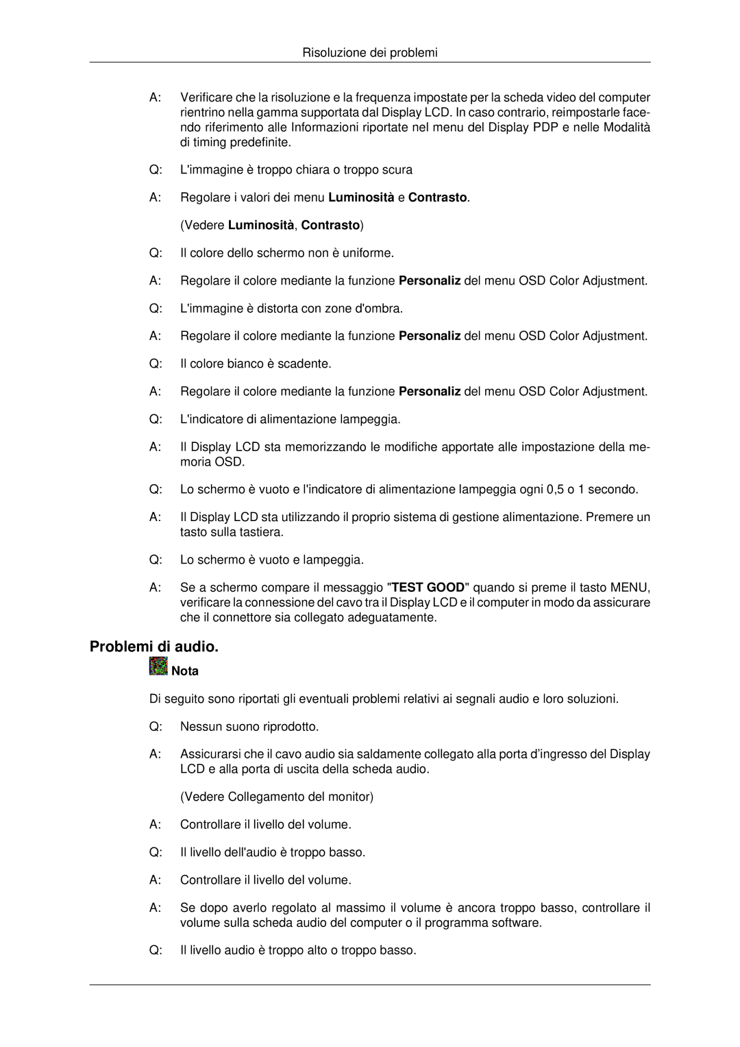 Samsung LH46MSTLBB/EN manual Problemi di audio 