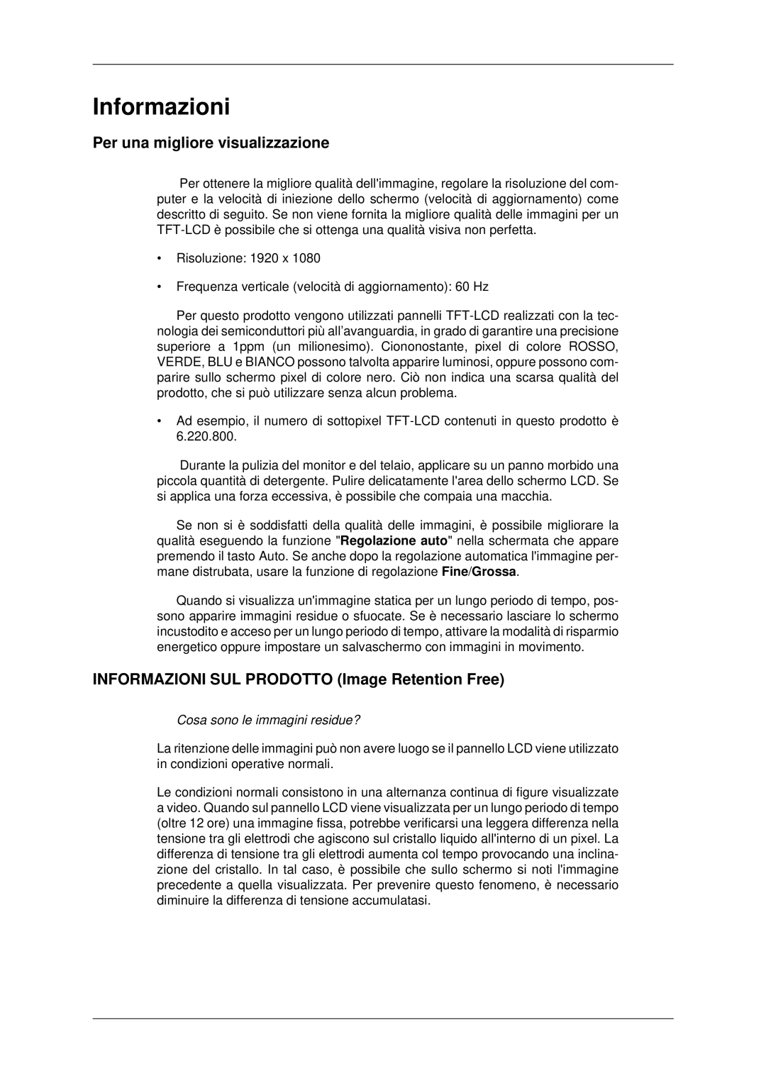 Samsung LH46MSTLBB/EN manual Per una migliore visualizzazione, Informazioni SUL Prodotto Image Retention Free 