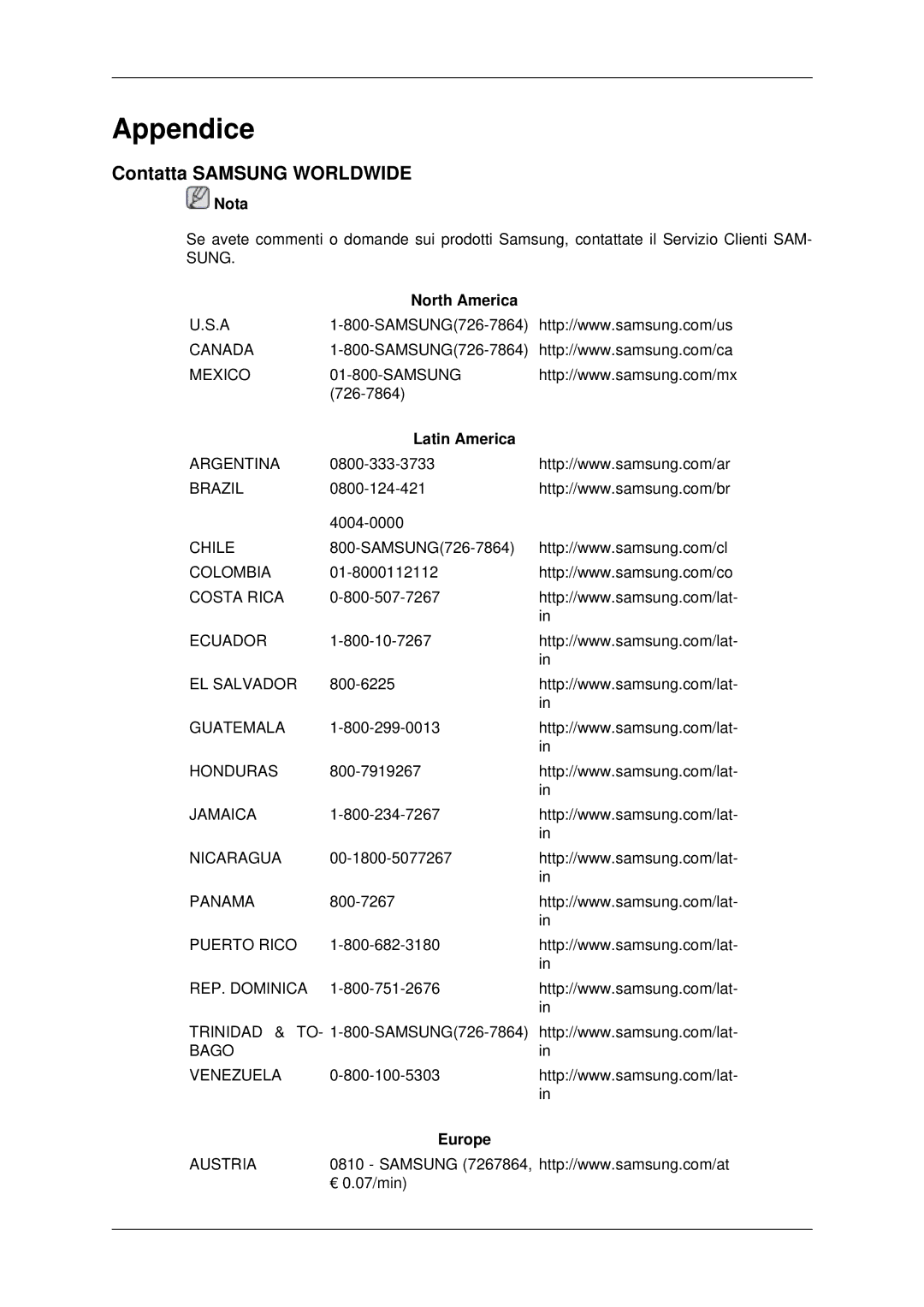 Samsung LH46MSTLBB/EN manual Contatta Samsung Worldwide, North America, Latin America, Europe 