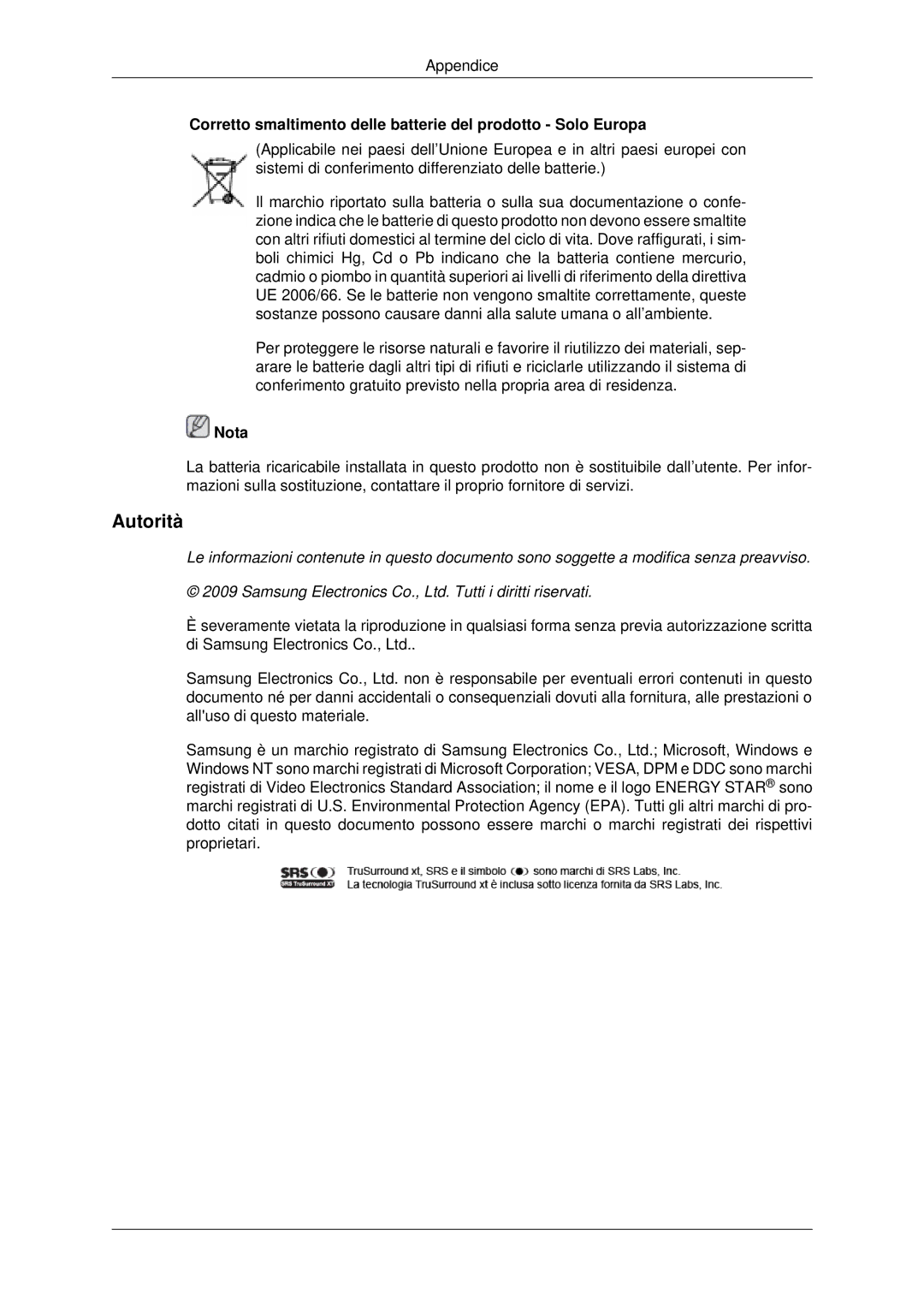 Samsung LH46MSTLBB/EN manual Autorità, Corretto smaltimento delle batterie del prodotto Solo Europa 