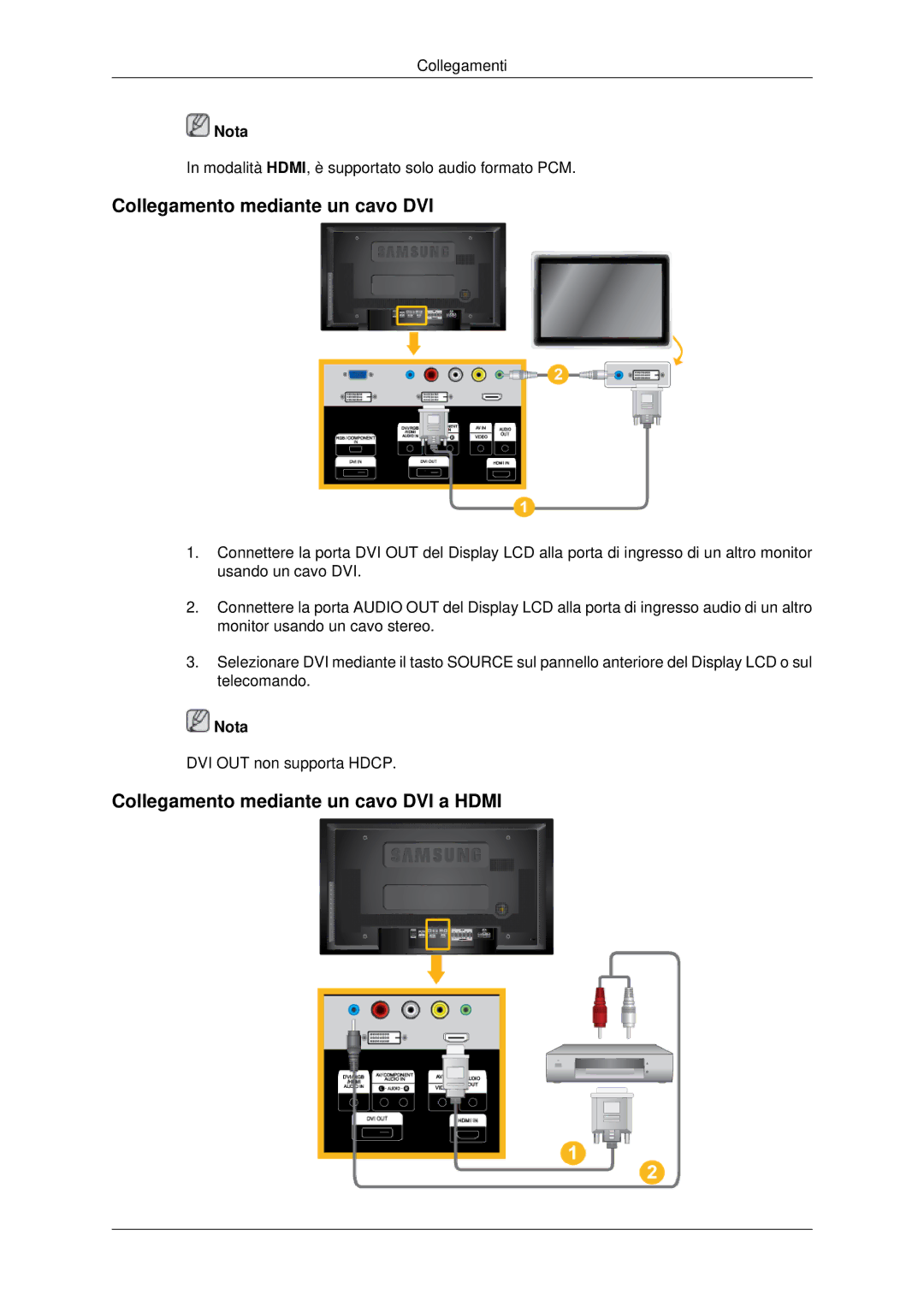 Samsung LH46MSTLBB/EN manual Collegamento mediante un cavo DVI a Hdmi 