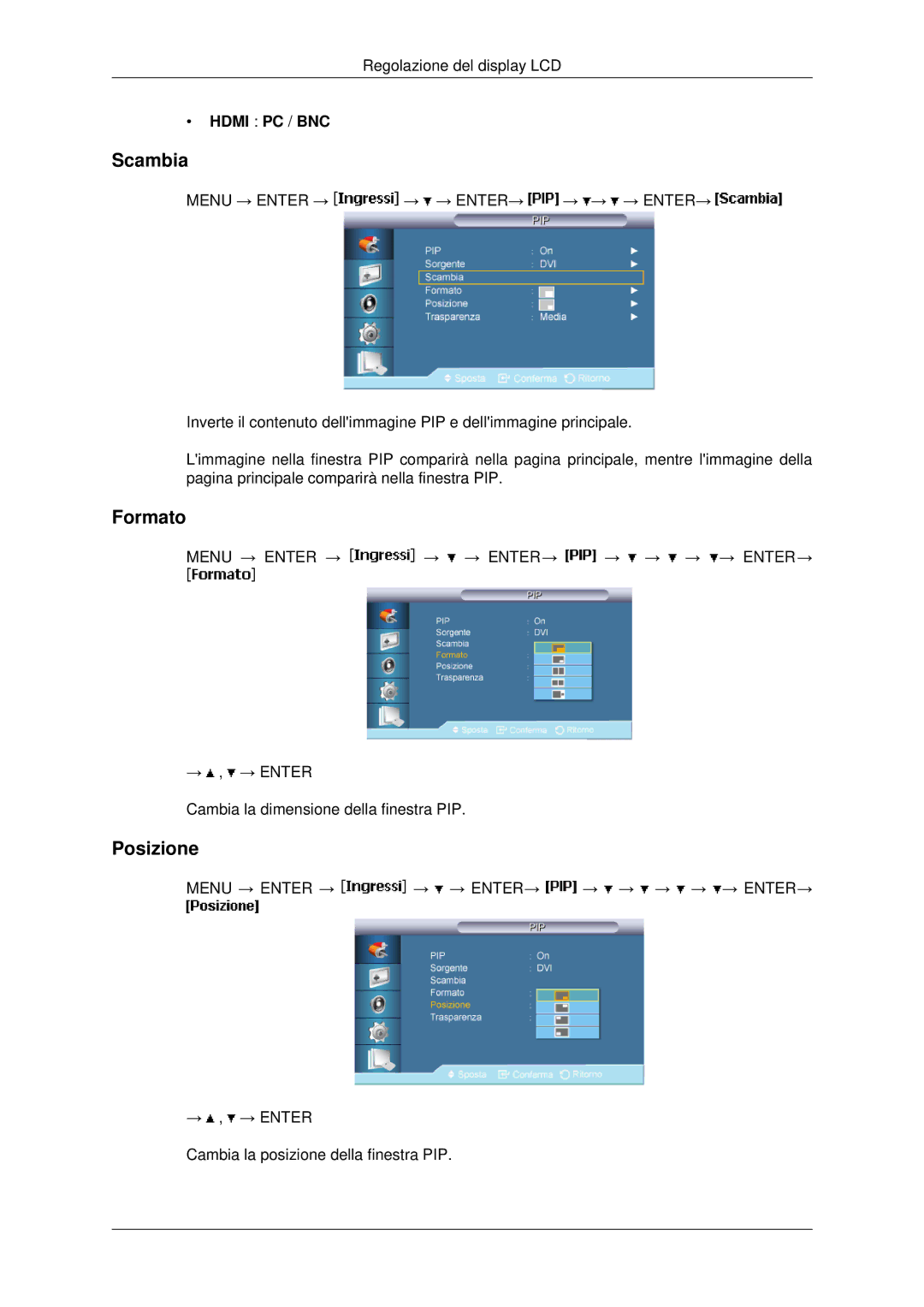 Samsung LH46MSTLBB/EN manual Scambia, Formato, Posizione 