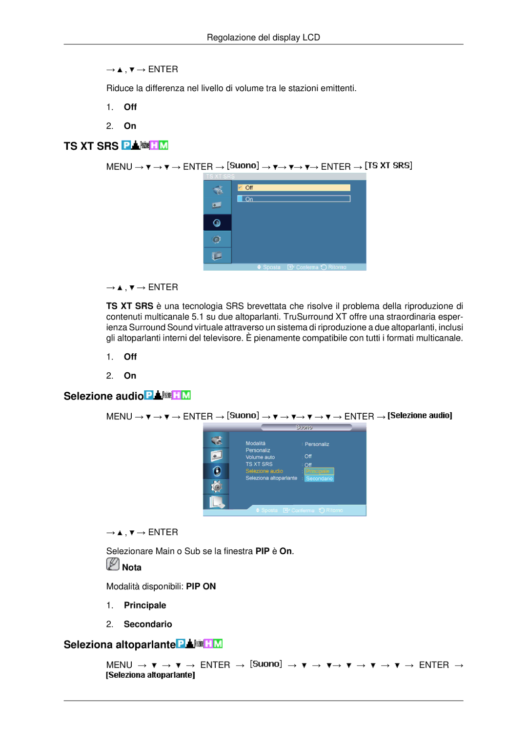 Samsung LH46MSTLBB/EN manual Selezione audio, Seleziona altoparlante, Principale Secondario 