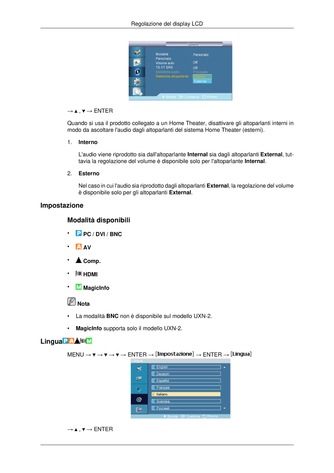 Samsung LH46MSTLBB/EN manual Impostazione Modalità disponibili, Lingua, Interno, Esterno 