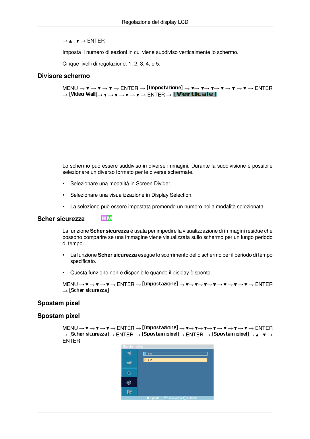 Samsung LH46MSTLBB/EN manual Divisore schermo, Scher sicurezza, Spostam pixel 