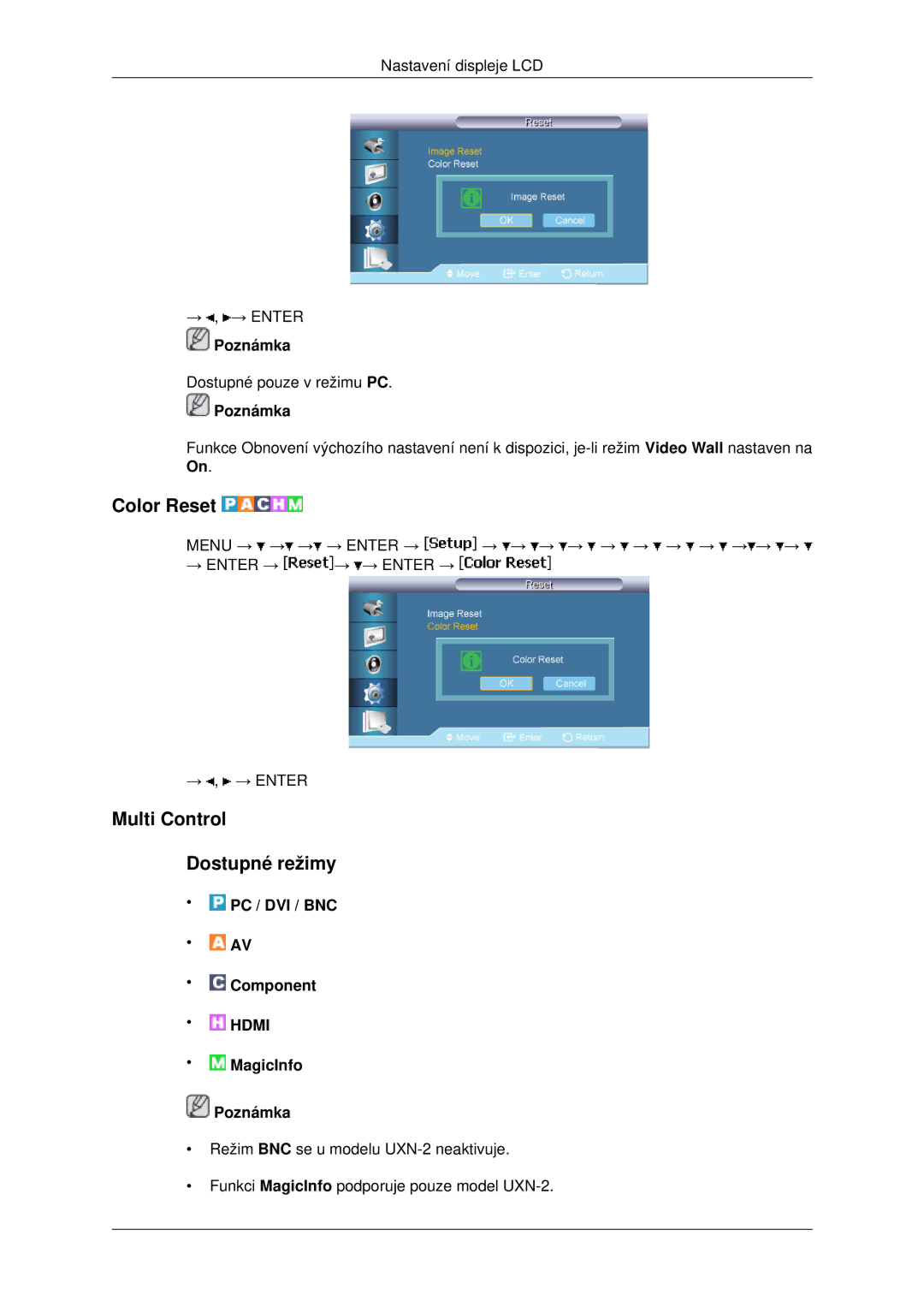 Samsung LH46MSTLBB/EN manual Color Reset, Multi Control Dostupné režimy 