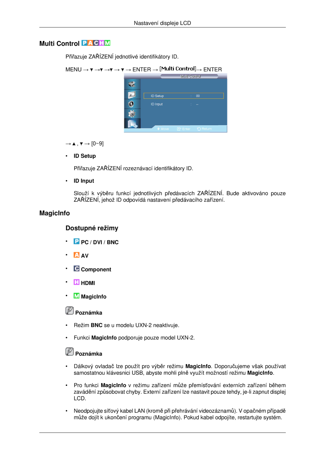 Samsung LH46MSTLBB/EN manual Multi Control, MagicInfo Dostupné režimy, ID Setup, ID Input 