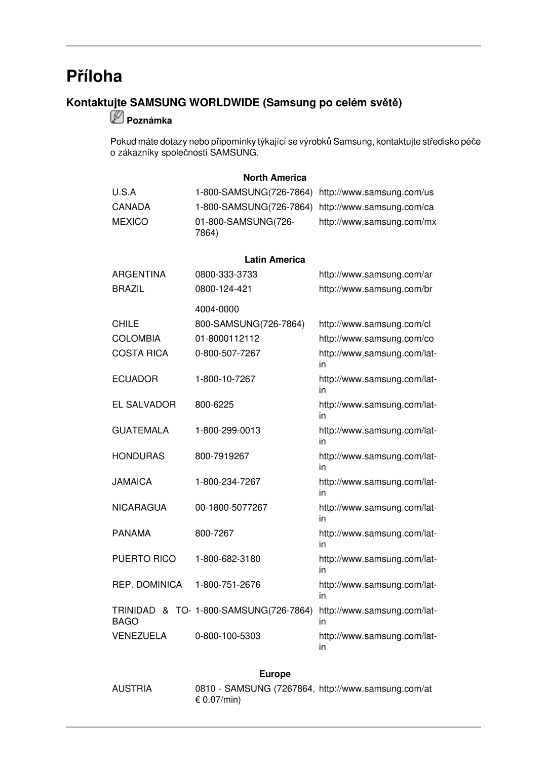 Samsung LH46MSTLBB/EN manual Kontaktujte Samsung Worldwide Samsung po celém světě, North America, Latin America, Europe 