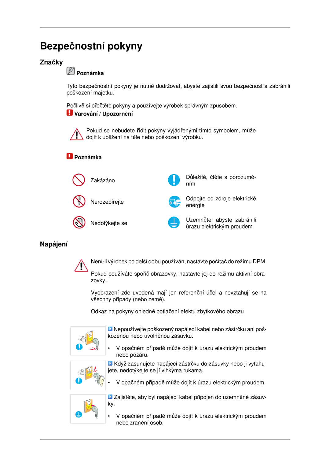 Samsung LH46MSTLBB/EN manual Značky, Napájení, Poznámka, Varování / Upozornění 