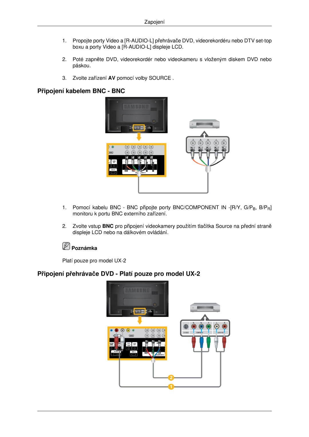 Samsung LH46MSTLBB/EN manual Připojení kabelem BNC BNC, Připojení přehrávače DVD Platí pouze pro model UX-2 