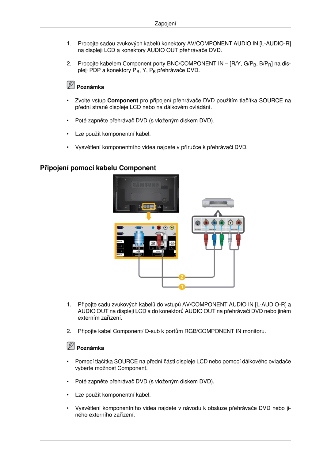 Samsung LH46MSTLBB/EN manual Připojení pomocí kabelu Component 