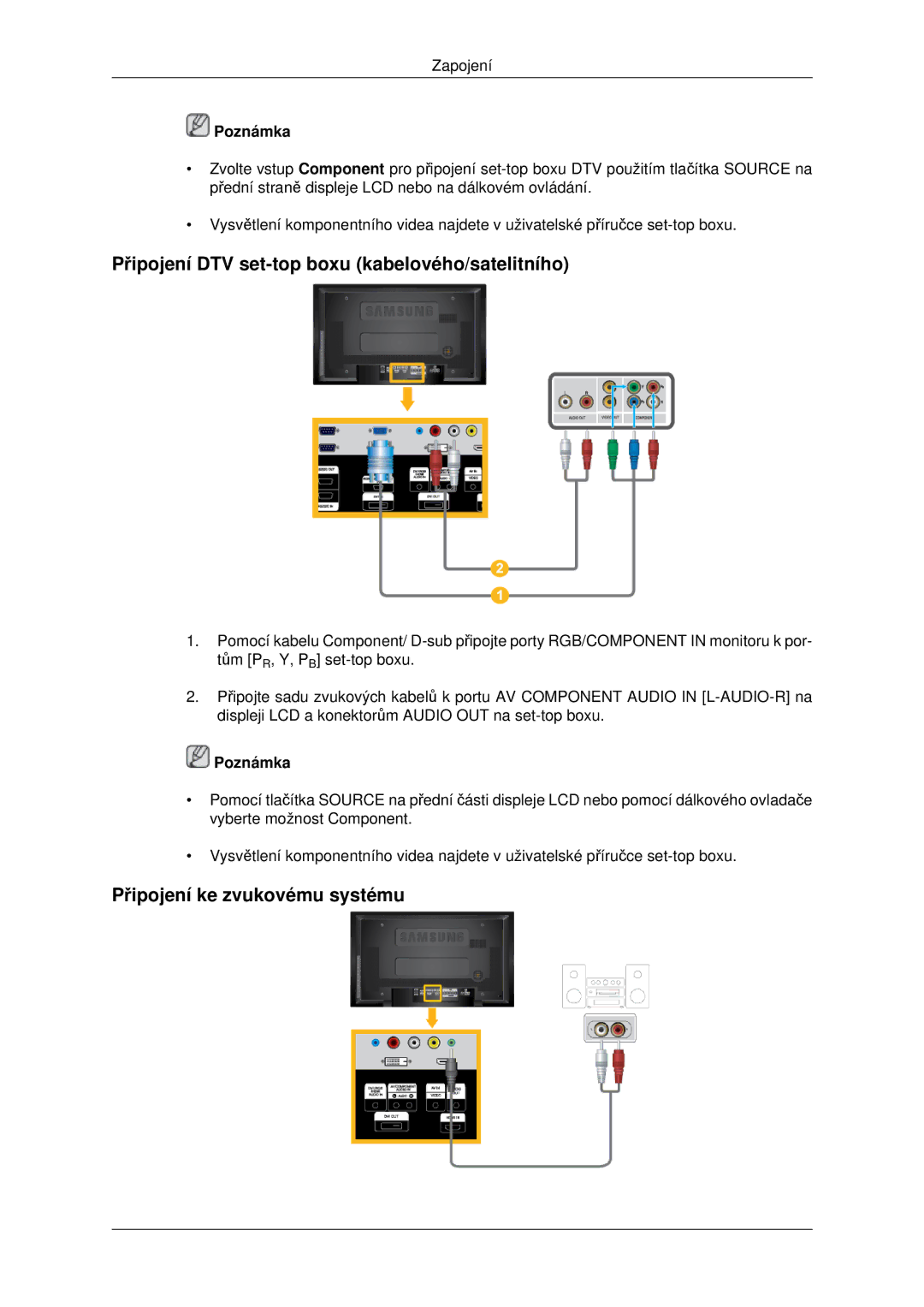 Samsung LH46MSTLBB/EN manual Připojení DTV set-top boxu kabelového/satelitního, Připojení ke zvukovému systému 