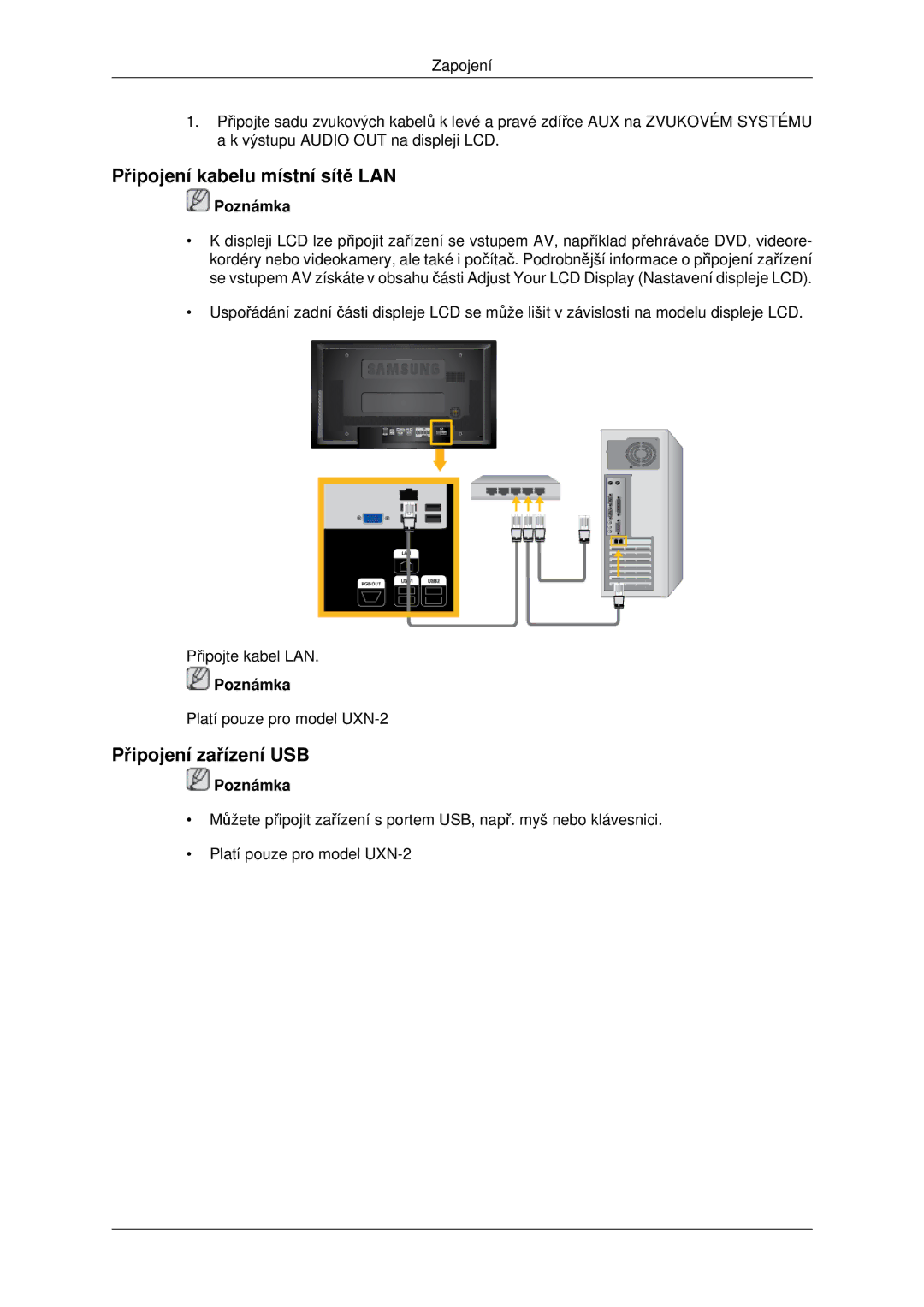 Samsung LH46MSTLBB/EN manual Připojení kabelu místní sítě LAN, Připojení zařízení USB 