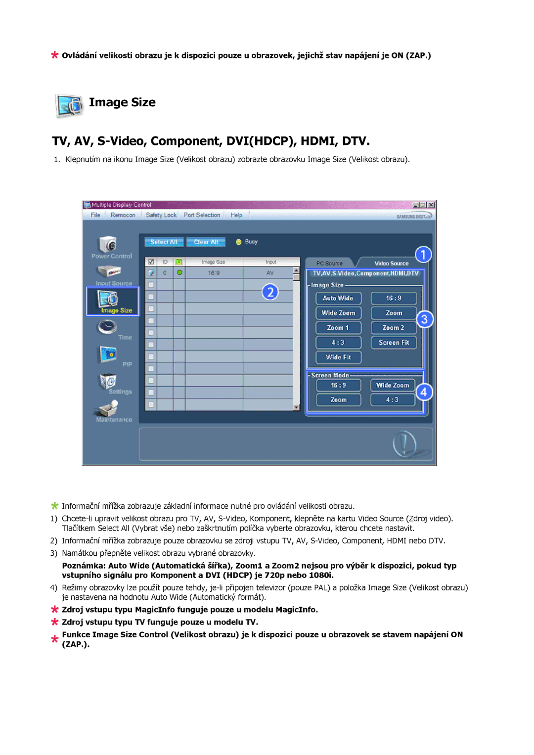 Samsung LH46MSTLBB/EN manual Image Size TV, AV, S-Video, Component, DVIHDCP, HDMI, DTV 