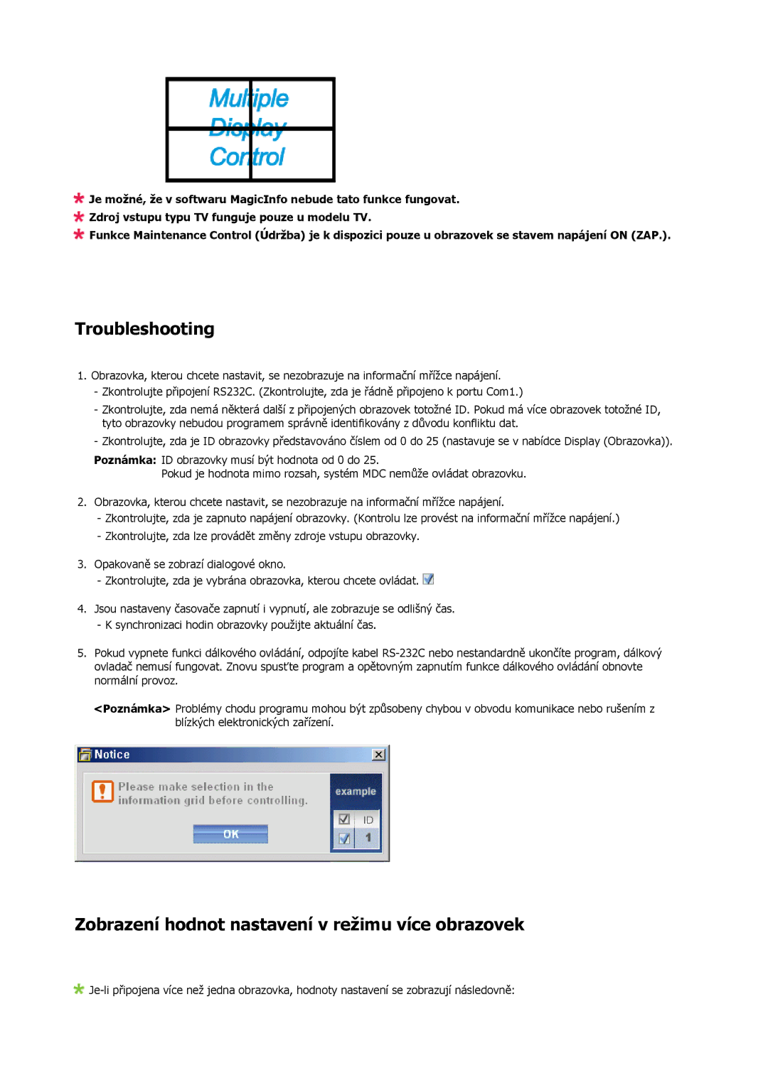 Samsung LH46MSTLBB/EN manual Troubleshooting, Zobrazení hodnot nastavení v režimu více obrazovek 