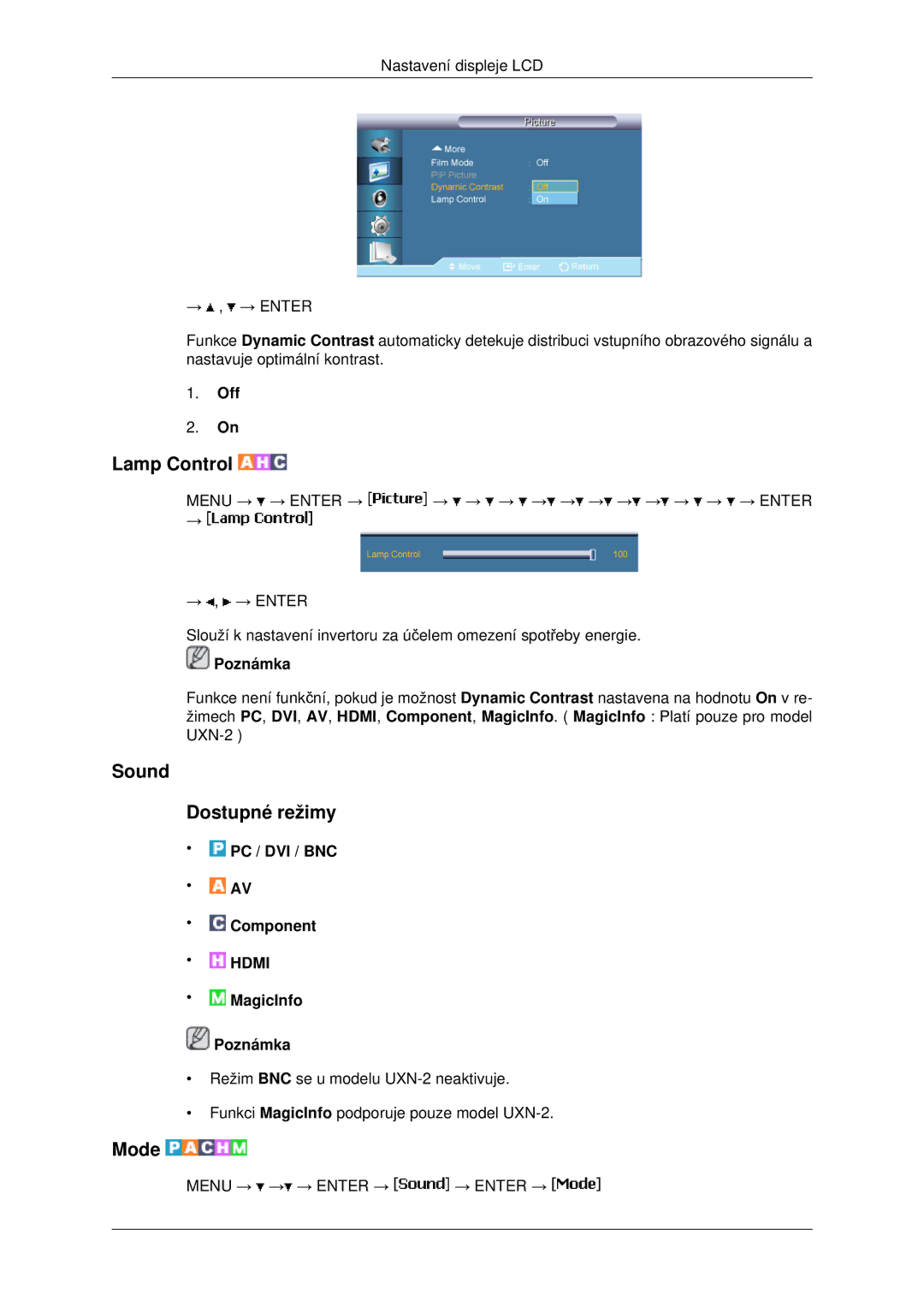 Samsung LH46MSTLBB/EN manual Lamp Control, Sound Dostupné režimy 