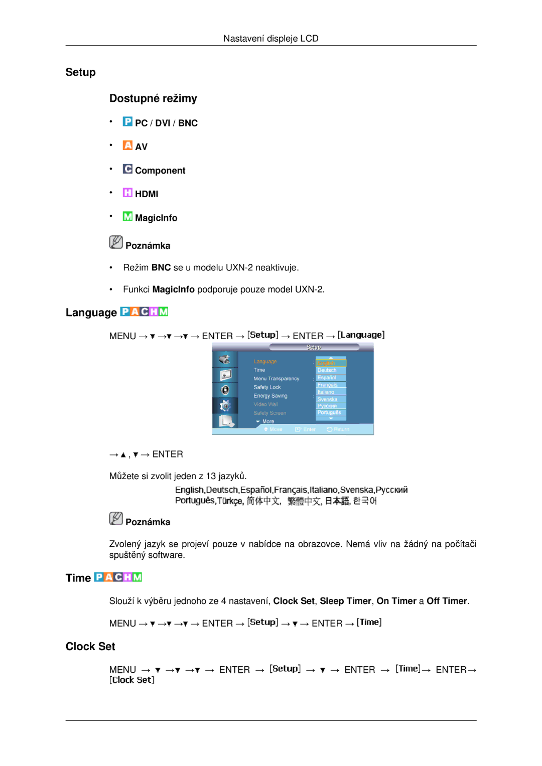 Samsung LH46MSTLBB/EN manual Setup Dostupné režimy, Language, Time, Clock Set 