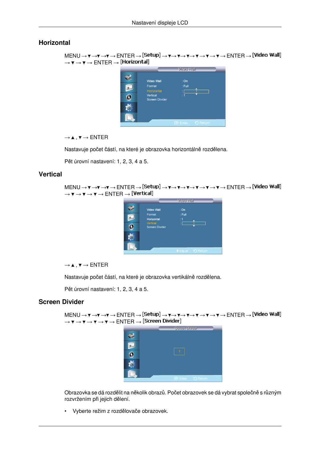 Samsung LH46MSTLBB/EN manual Horizontal, Vertical, Screen Divider 