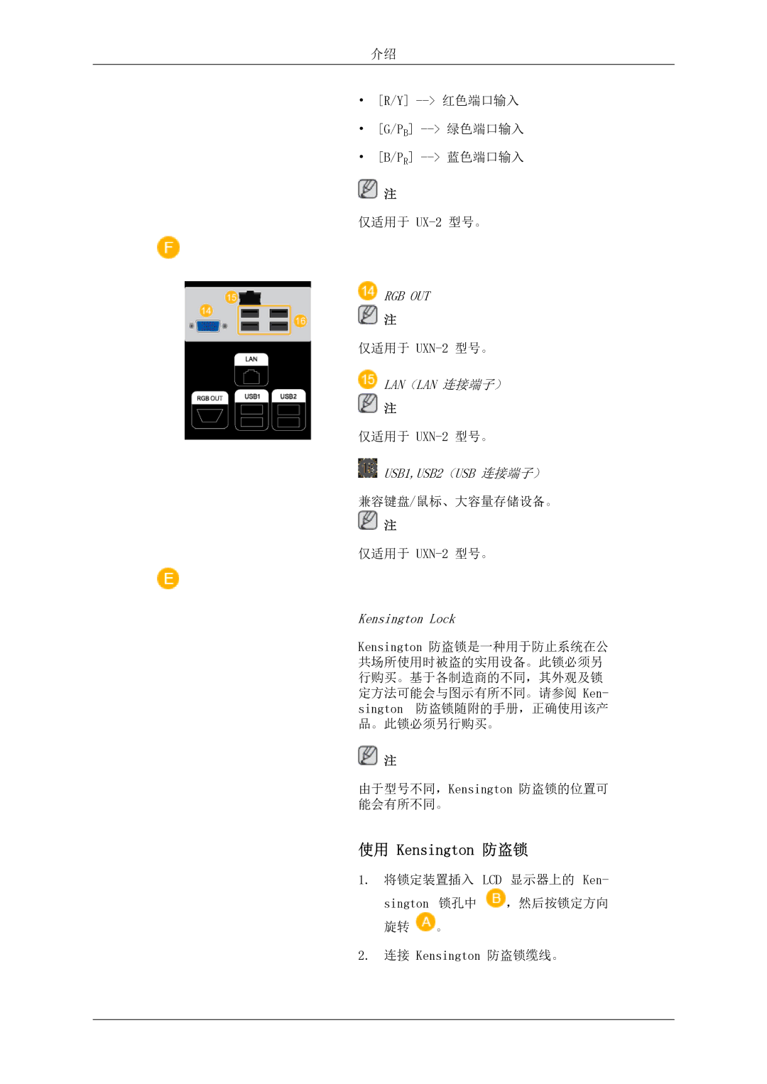 Samsung LH46MSTLBB/EN manual 使用 Kensington 防盗锁, Lan（Lan 连接端子）, USB1,USB2（USB 连接端子） 兼容键盘/鼠标、大容量存储设备。, Kensington Lock 