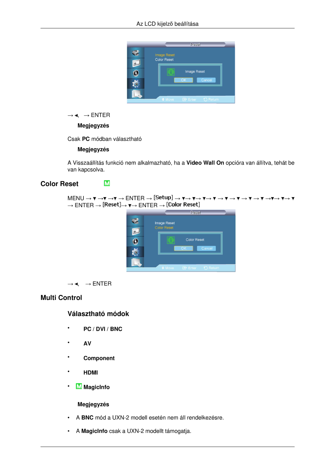 Samsung LH46MSTLBB/EN manual Color Reset, Multi Control Választható módok 