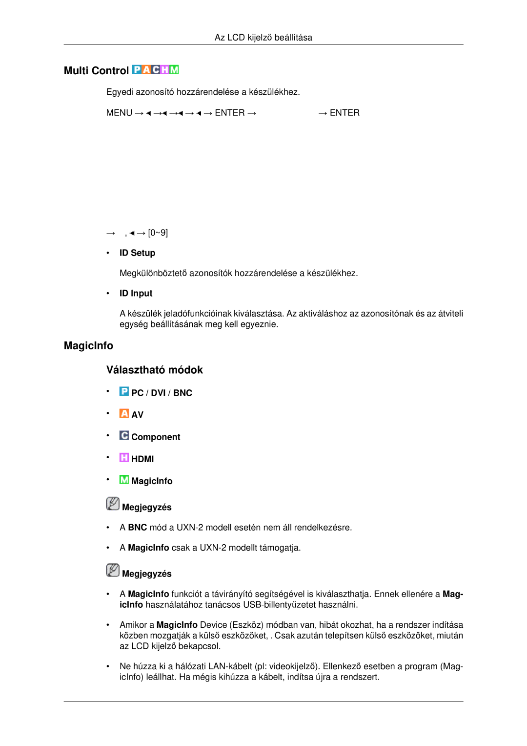 Samsung LH46MSTLBB/EN manual Multi Control, MagicInfo Választható módok, ID Setup, ID Input 