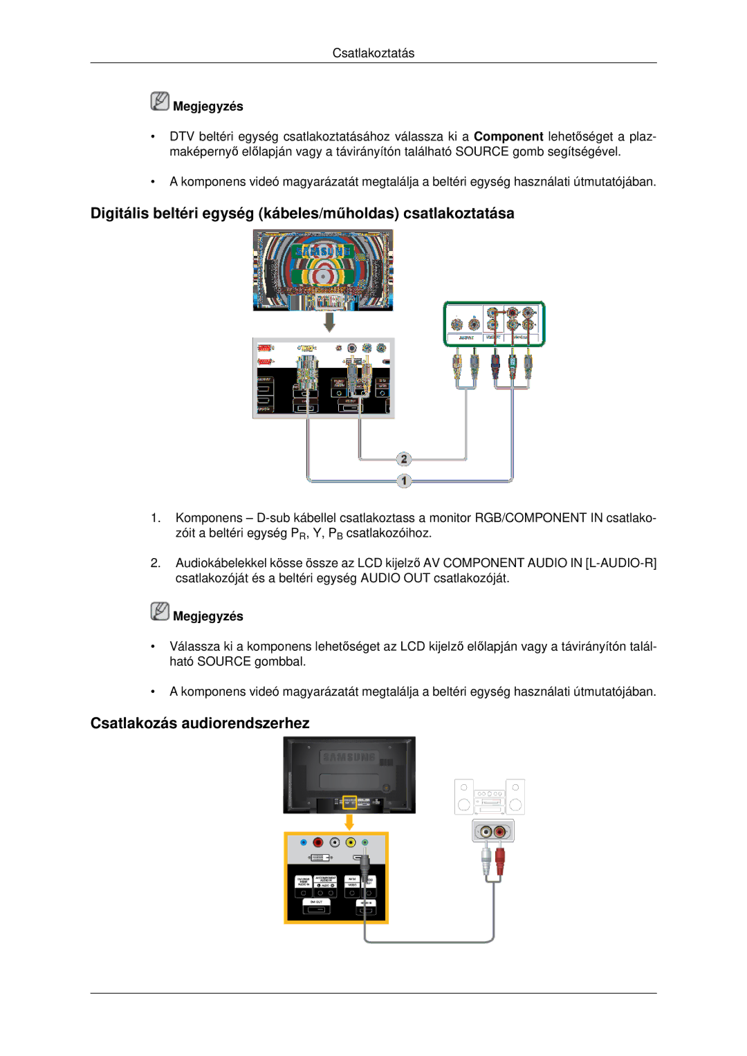 Samsung LH46MSTLBB/EN manual Digitális beltéri egység kábeles/műholdas csatlakoztatása, Csatlakozás audiorendszerhez 